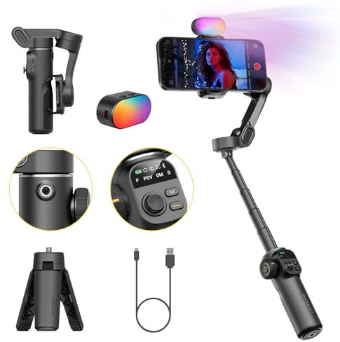 AOCHUAN Gimbal Stabilizer for iPhone, Phone Gimbal w/RGB Magnetic Fill Light, Foldable Gimbal Built in 7.8' Extension Rod and OLED Display for iPhone/Android Excellent for Vlogging-Smart X2 Kit Black