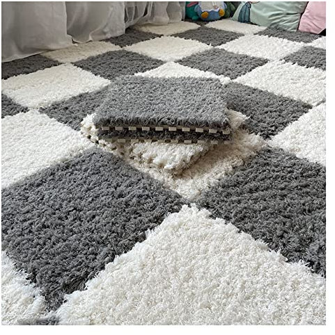 Plüschschaum-Bodenmatte, 50 Stück, ineinandergreifende quadratische Teppichfliesen, weiche, flauschige Spielmatte für Zuhause, Spielzimmer, Dekoration, 30,5 x 30,5 cm, Grau und Weiß