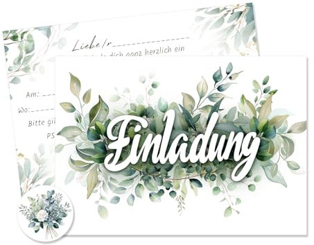 Vielucks 15 x Eukalyptus Einladungskarte - DIN A6, Einladungskarten Geburtstag,Einladungskarten Hochzeit,Schönen Einladungskarten für Hochzeit, Standesamt, Geburtstag, Kommunion, Jugendweihe, Taufe