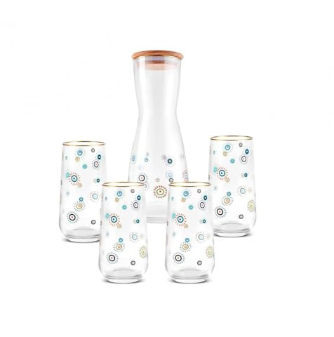 Karaca Glaskaraffe mit Deckel und Trinkgläser, 5-teilig Glas karaffe Set, hohe Tumblergläser für Saft & Wasser, Highball-Gläser, klare Wasserkaraffe für Nachttisch, Augenperlen Design, 2 Liter