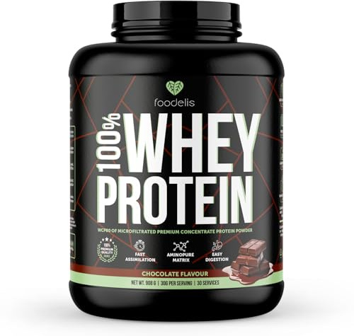 Foodelis Proteína Whey en Polvo – Proteína de Suero de Leche para Masa Muscular – Alta en Proteínas, Fácil Digestión (908 g, Chocolate)