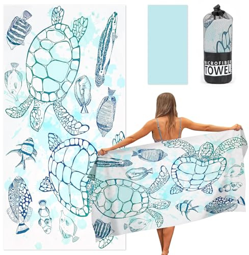 Ainiv Strandtuch, Strandhandtuch Groß, 80x160 cm Beach Towel/Badetuch | Weiches Leichtes Sport Yoga Handtuch mit Tasche, Schnelltrocknendes Microfaser Pooltuch für Bad, Reisen, Sport-Schildkröten