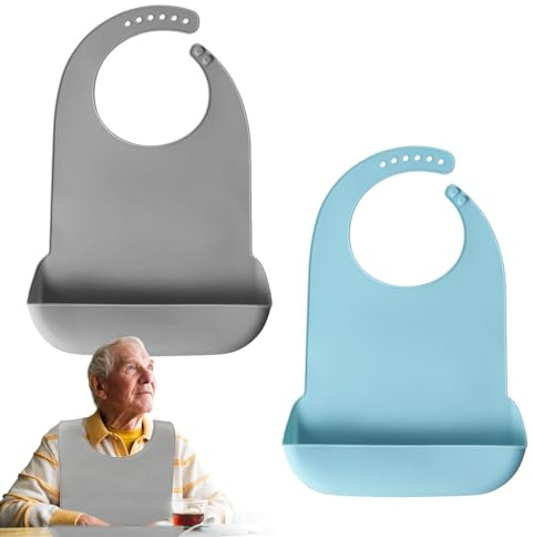 DHSWNNG 2 PCS Silicone Bibs for Adults, Waterproof Adult Bib Adjustabl Washable Clothing Protectors with Pocket for Elderly Adult (Grey, Blue)