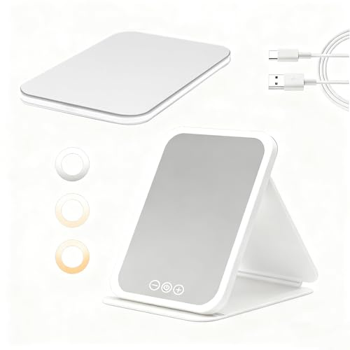 Mittokonnel Beleuchteter Kosmetikspiegel, tragbarer Kosmetikspiegel mit Touch-Dimmer, dreistufige einstellbare Beleuchtung, klappbarer, ultraschlanker Tischspiegel