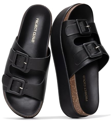 Project Cloud Platform Sandals Women - Plush & Soft Insole Wedge Slides for Women Footwear - Beach Essential Wedge Sandals for Women 2026 (Softy, BLK,7)