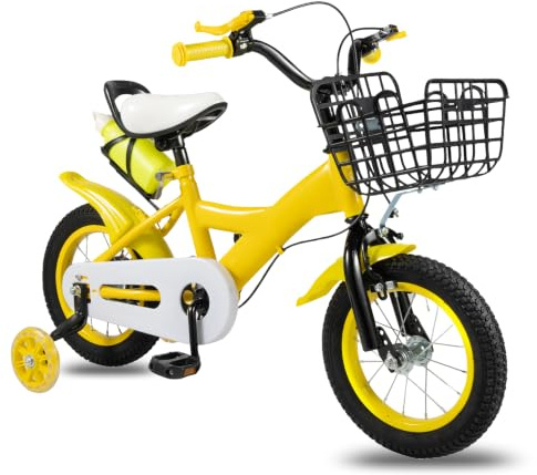 TkkMivcOC 12 Inch Kids Bike, Beginner Children Bicycle with Training Wheels Basket Water Bottle Holder, Shock Absorbing Rubber Tires, Dual Brakes, for 2-4 Years Old Girls Boys, Yellow