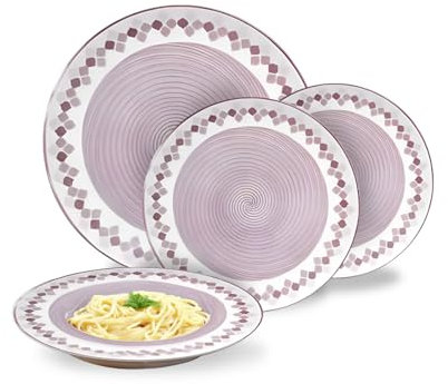 Avilia – Set Piatti Moderni 18 Pezzi in Porcellana con Decoro Kalos Rosa, Servizio Elegante per 6 Persone