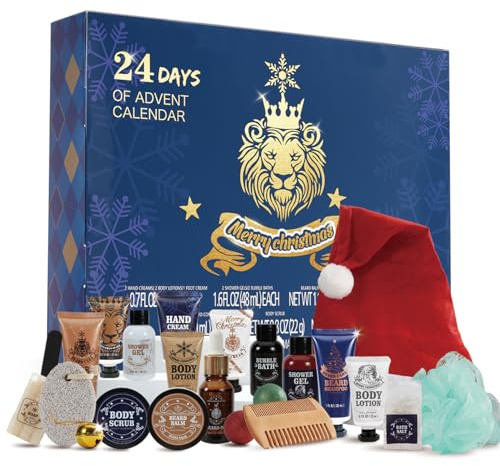 Advent Calendar 2025 Men 24PCS Lion Christmas Gifts With Xmas Hat Men’s Beard Care Set Bath and Body Gifts Set for Men Christmas Countdown Calendars for Boyfriend
