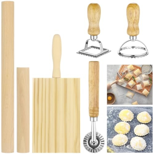 6 Pcs Pasta Making Tool Set, Includes Pasta Rollers, Ravioli Stamp Makers, Gnocchi Board & Rolling Cutter, Kitchen Supplies for Homemade Pasta Dumpling Wonton Tools