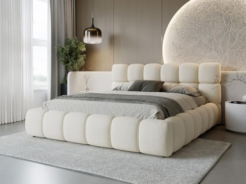 GRAINGOLD Modo Bett 180x200, Polsterbett mit Bettkasten, Polsterbett mit Stauraum, Samt, mit Lattenrost, mit Kopfteil, ohne Matratze (Beige, 180x200)