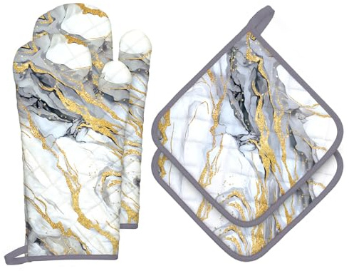 Arquiel Ofenhandschuh und Topflappen Marmor Weißes Gold 4er Set, 100% Baumwolle Kochhandschuhe, Hitzebeständiger Küchenhandschuh Zum Kochen Backen Grillen Geschenk