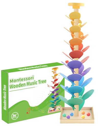 Holz Kugelbahn Klangbaum, 73 * 22cm Regenbogen Kugelturm Musik Baum, Holz Musikbaum Murmelbahn mit Kugelspiel, Motorikbaum Musikbaumspielzeug, Musik Baum Kugelturm für Kinder