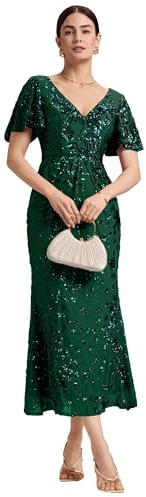 Ever-Pretty Abendkleid Damen Pailletten V-Ausschnitt Formal Ballkleider Sommer Midi-Länge Dunkelgrün 42