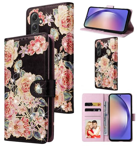 UEEBAI Wallet Case for Samsung Galaxy S25 FE 5G, PU Leather Phone Cover Kickstand RFID Blocking Flip Case Card Slots Wrist Strap Relief Engraved Pattern Magnetic Closure Folio Cover - Black Rose
