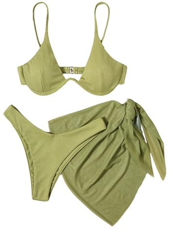 OYOANGLE Women's 3 Piece Ribbed Cheeky Bikini Set Underwire Triangle Swimsuit with Cover Up Skirt Olive Green Small