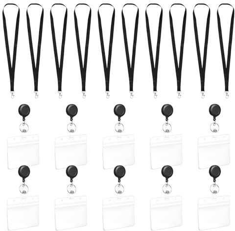 10 PcsPorta Tarjetas Identificativas con Cordones, Portatarjetas Identificación Transparente con Cordón Retráctil, Porta Tarjetas Colgante Tarjetero Colgante para oficinas escuelas (horizontal)