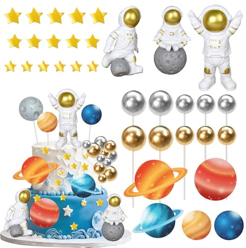 31 Stück Weltraum Thema Kuchen Dekorationen Outer Space Cake Toppers 3D DIY Astronaut Tortendeko Glitzer Kugel Kuchen Deko für Baby Dusche Geburtstag Party Cupcake Dekorationen