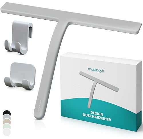 Engelbach® Duschabzieher - streifenfreies Abziehen ohne Quietschen – ergonomischer Abzieher Dusche mit rutschfestem Griff - Wasserabzieher, Inkl. 2 Halterungen, 28cm, Grau