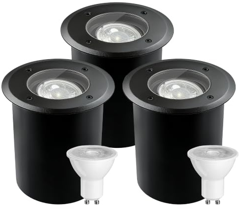 JNR Edelstahl Bodenstrahler Außen IP67 Wasserdicht 230V, Schwarz 3 Pack | Schwenkbar LED Licht, Bodeneinbaustrahler Aussen mit 5W GU10 3000K Glühbirne, Bodenleuchten Gartenbeleuchtung mit Strom