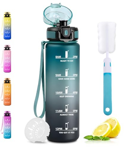 JAPORIA Borraccia Sportiva 1L, Borraccia Palestra con Indicatore del Tempo, a Prova di Perdite, Borracce con Filtro, Bottiglia Acqua senza BPA per Studenti, Ufficio, Palestra
