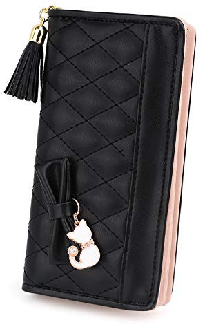 UTO Geldbörse Damen PU Leder Große Kapazität Brieftasche süßer Katze-Anhänger Portemonnaie Kartenhalter Mädchen für Valentinstag Muttertag Geburtstag Gedenktag Weihnachten Neujahr Schwarz