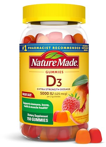Nature Made Vitamin D3 5000 IU Per Serving Gummies Extra Strength, Bone and Immune Health Support, 150 Vitamin D Gummies for Adults, 75 Day Supply