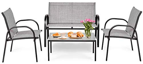 COSTWAY 4 TLG. Gartenmöbel Set, Terrassenmöbel mit Bank, 2 Stühlen & Couchtisch, Lounge Balkonmöbel Set Outdoor, Gartengarnitur für Terrassen, Balkon, Garten (Grau)