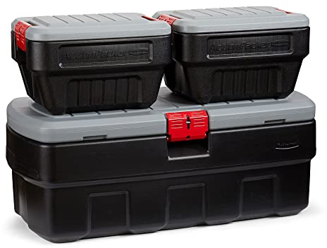 Rubbermaid ActionPacker 48 Gal and Two 8 Gal Containers, Lockable Storage Bins, Industrial, Rugged Storage Container Bundle with Lids
