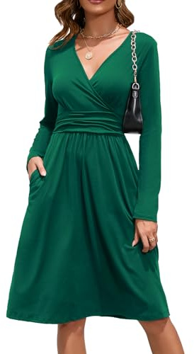 OUGES Women's Midi Dress V-Neck Wrap Casual Ladies Long Sleeve Dress with Pockets(Green,L)