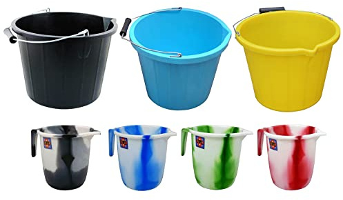 1x Tie Dye Design 1.5 Litre Plastic Water Jug Hair Washing Jug Mixing Mug with 1x Plastic Strong Construction Bucket 3 Gallon 14L Car Wash Bucket for Garden Cleaning Bathroom Kitchen (Random Colours)