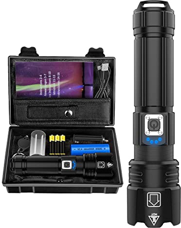 Maxesla 10000 Lumens Torches LED Super Bright Rechargeable Set, IP67 Waterproof LED Camping Torch, 5 Modes Zoomable Tactical Flashlight Torch for Home Use, Dog Walking, Emergency with 5000mAh Battery