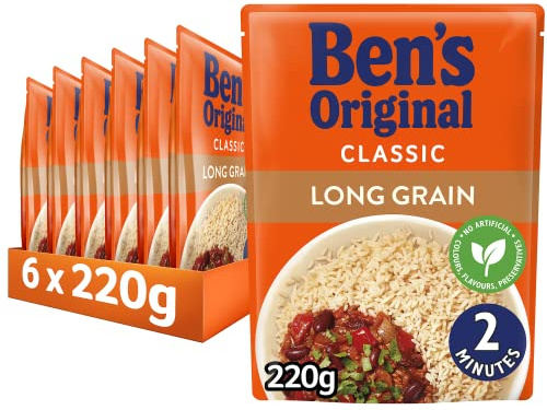 Ben's Original Long Grain Microwave Rice, Bulk Multipack 6 x 220 g pouches | Steamed parboiled long grain rice, ready to heat in the microwave, no artificial colours, flavours or preservatives, serves 2