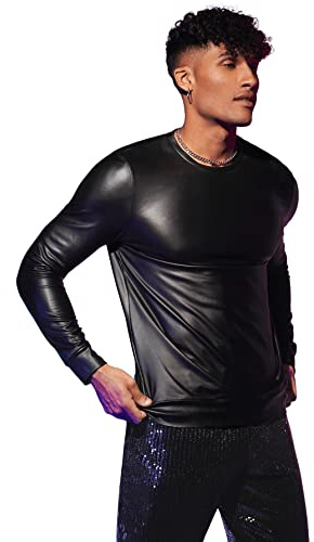 WDIRARA Men's Round Neck Long Sleeve PU Leather Sweatshirt Party Club Pullovers Black L
