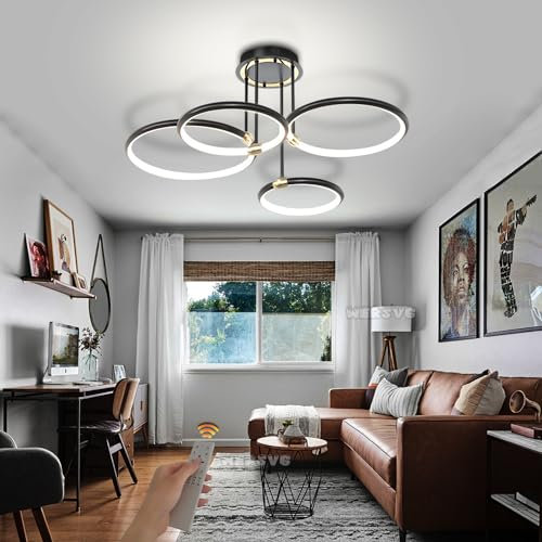 WERSVG Modern LED Deckenleuchte 4 Ring 84W Dimmbar Wohnzimmer Deckenlampe 4800LM Ringsform Design Schwarz Schlafzimmerlampe mit Fernbedienung 3000K-6000K Küche Restaurant Esszimmer Led Beleuchtung