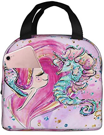 XVBCDFG Bolsa de almuerzo Sirena Rosa Lindo aislado con compartimentos Reutilizable Impresiones lindas Asa de mano Caja de almuerzo portátil para mujeres Hom