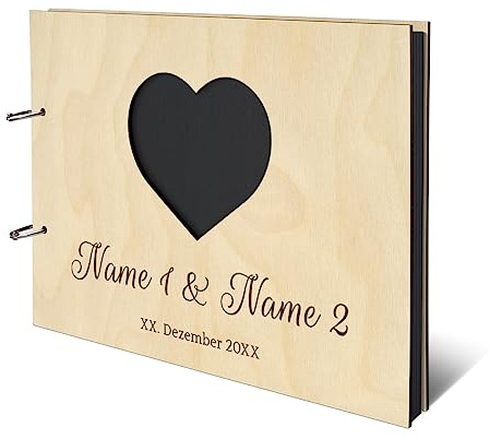 Personalisiertes Hochzeit Fotoalbum echtes Holz lasergeschnitten DIN A4 Hochzeitsbuch mit Lasergravur - Herz - mit 25 Blatt / 50 Seiten Fotokarton Schwarz