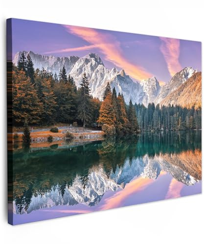 MuchoWow© Leinwand Deko Schlafzimmer Aesthetic Leinwandbilder Wohnzimmer | 70x50 cm - Gemälde Foto Geschenk Living Room Decoration Bilder Natur - Berge - Wald - Wasser - Himmel - Rosa - Lila