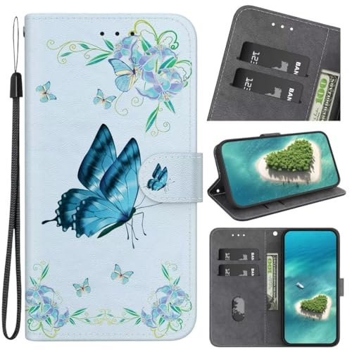 KRjcsfhy Hülle Case für Motorola Moto G71, Lederhülle [ Premium Echtleder] [RFID Blocker] [Kartenfach] [Magnet] TPU Stoßfeste Klapphülle TPU Schutz für Motorola Moto G71,Blaue Schmetterling