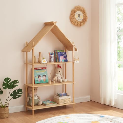 [en.casa] Barnhylla Hamarøy stående hylla av bambu barnrumshylla i husform leksakshylla med 3 nivåer bokhylla leksaksorganisatör 137 x 90 x 30 cm natur