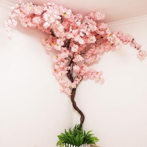 Quepiem Artificial Cherry Blossom Trees - Fake Flower Background Walls with Simulated Branch and Rattan Design - for Indoor Ceiling Air Conditioning Pipe Ornamental(Pink)
