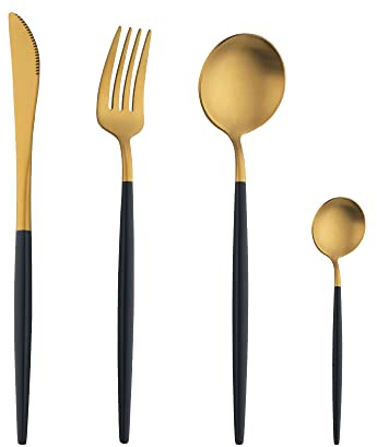 BISDARUN Stainless Steel Coloured Handles Cutlery with Matt Polish Unusual Flatware Set Funky Kitchen Forks Knives and Spoons Service for (Black Gold 4-Piece Cutlery Set, 1 Person(1 Set))