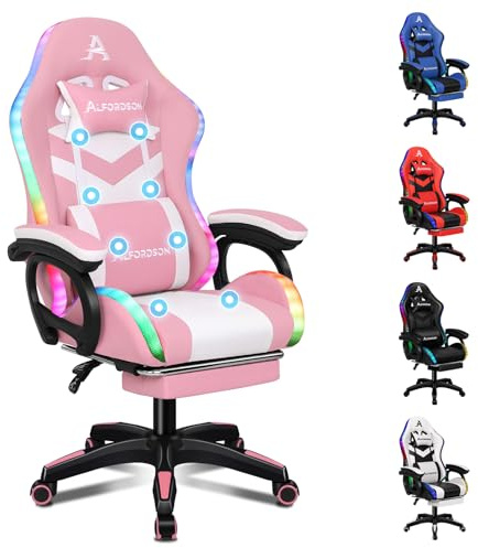 ALFORDSON RGB LED Gamer-Stuhl Massage Gamer Stühle Racing PC-Gaming-Sessel Bürostuhl ergonomisch Schreibtischstuhl Fußstützen, 180 kg belastbar, 90-150° Neigungswinkel, Rosa