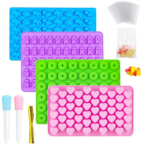 Gummy Moulds Silicone for Chocolate and Jelly, Heart/Bear/Dinosaur/Donut | Candy and Sweet Mould with 2 Droppers, 100 Clear Bags and 1 bundle of Golden Ribbons, Non-Stick and BPA-Free
