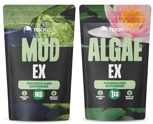 Teich Grünalgen/Teichschlamm Entfernungspaket | Teichpflege Set für einen algenfreien und sauberen Gartenteich & Fischteich | 1x MudEx Teichschlammentferner & 1x AlgaeEx Fadenalgen Stopp