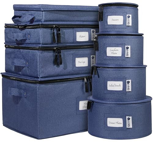 China Storage Hard Shell Containers 8-Piece Set Moving Boxes for Dinnerware, Glasses, Plates, Mugs and Saucers Sturdy Dish Organizer with Dividers for Seasonal Storage - Service for 12 - Denim Blue