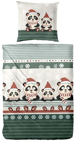 Carpe Sonno Warme Biber Bettwäsche 135x200 Baumwolle Panda Tiere - Weihnachten Set 2 teilig Kissen und Decke | Flanell Bettwäsche 135x200 Winter | Biber Bettbezug | Winterbettwäsche kuschelig