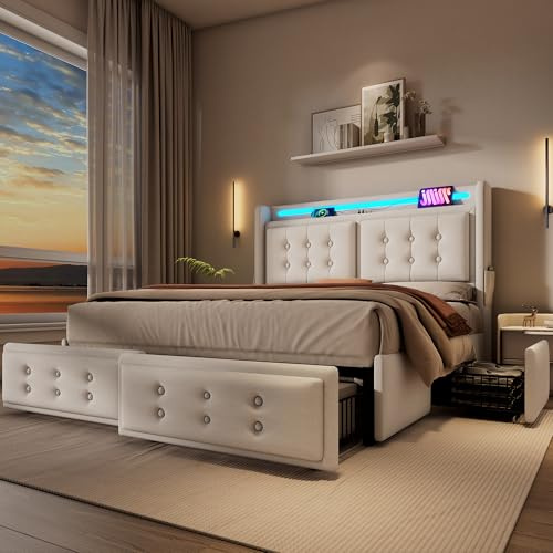 Merax Polsterbett 180x200cm Doppelbett Bettrahmen mit 4 Schubladen, Stauraumbett mit LED-Kopfteil und USB C Ladefunktion, Gepolstertes Bett mit Lattenrost aus Holz, Baumwolle, Ohne Matratze, Beige