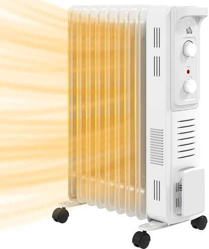 HOMCOM 2000W Quiet Oil Filled Radiator, 9 Fin Energy Efficient Portable Electric Heater with 3 Heat Settings, Adjustable Thermostat, Safety Tip Over, Overheat Protection, for Home, White