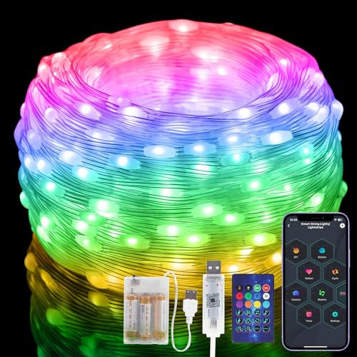 Bunt Lichterkette mit Batterie, 10M 100 LEDs RGB Smart IC Mikro Silberdraht Lichterkette 99+ Modis, Musik Syn, App und Fernbedienung Steuerung, IP65 Wasserdicht für Außen Innen Weihnachtsbaum Deko