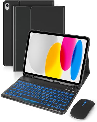 SOPPY Tastaturhülle mit Maus für iPad A16 11 Gen. 2025(A3354/A3355/A3356), 10,9 Zoll iPad 10 Gen. 2022(A2696/A2757/A2777), kabellose Bluetooth Tastatur Hülle Deutsches QWERTZ, Schwarz Beleuchtet